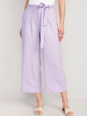 Old Navy High Rise Wide Leg Cropped Linen Blend Pants-Belt-Lavender-Small Petite